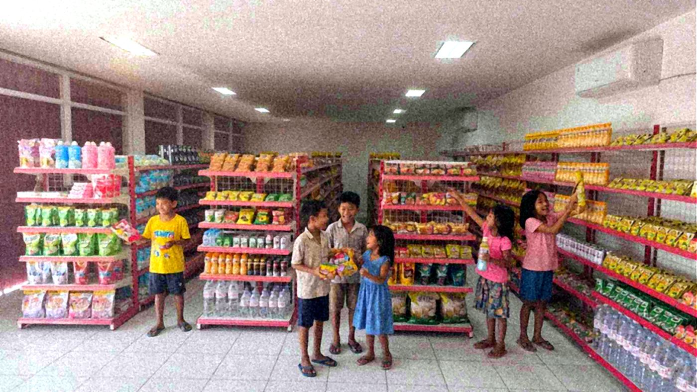 Anak-anak desa di dalam gerai Koperasi Desa Merah Putih yang raknya penuh barang kebutuhan sehari-hari.